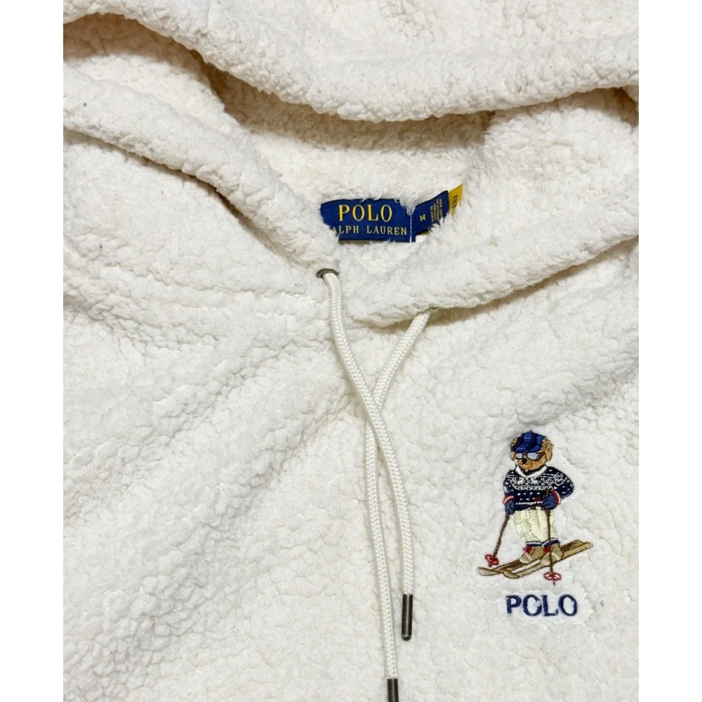 Polo Ralph Lauren Ski Polo Bear Sherpa Fleece Hoodie Cream White Mens Medium